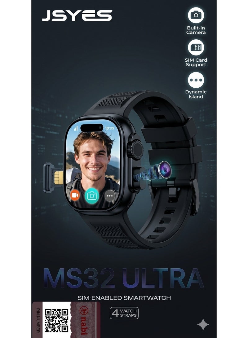 JSYES MS32 Ultra Smart Watch - SIM Card Support, Built-in Camera, Dynamic Island Feature, 4 Interchangeable Straps, Health & Fitness Tracking, Black