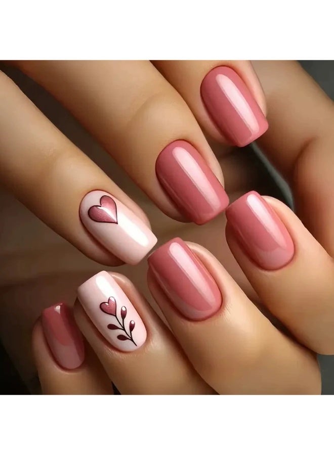 Goolsky Premium 24-Piece Medium-Long Square Press-on Nails with Valentine Heart & Rose Patterns for Romantic Elegance - Image 1