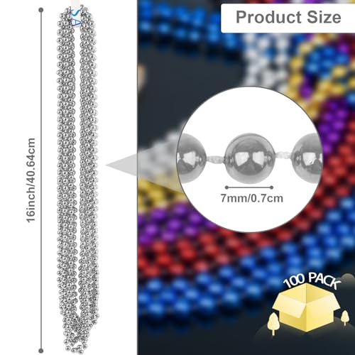 ZYFLSQ 100 Pcs 33" 7mm Metallic Silver Beads Necklaces, Bulk Mardi Gras Beaded Necklaces, Party Beads Costume Necklaces (Silver) - Image 2