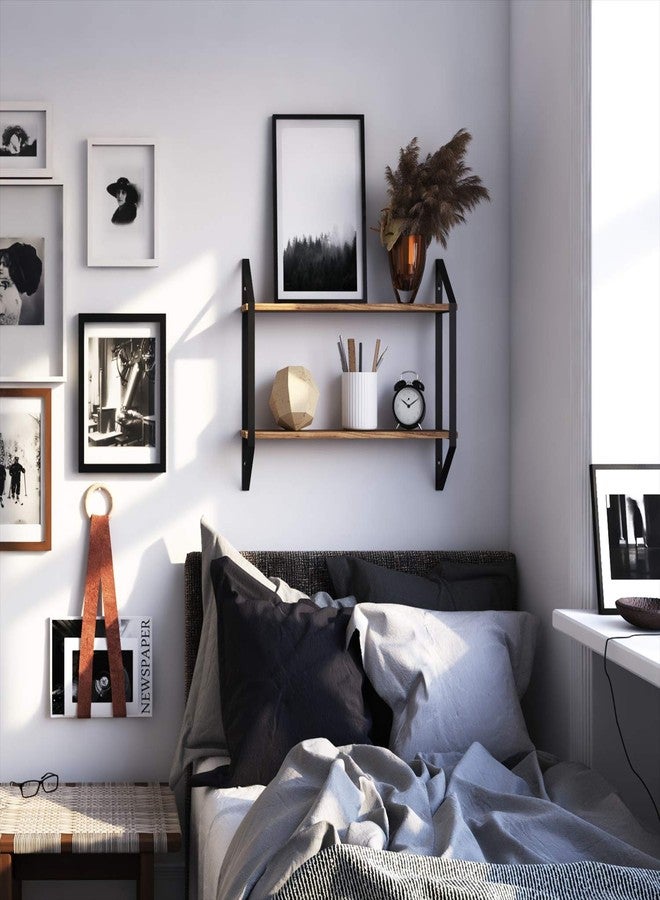 والنيتشر رف كتب عائم من طبقتين من Wallniture Ponza، رفوف حائطية بطول 24 بوصة لتخزين غرفة النوم، خشب محروق طبيعي - Image 2