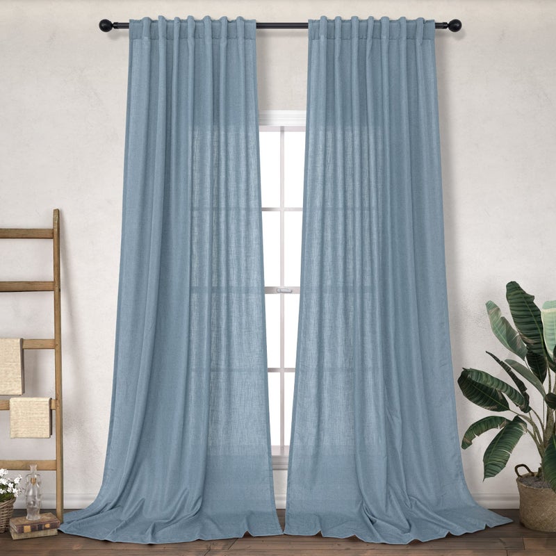 DANCURTON Gray Blue Curtains 84 Inch Length for Bedroom 2 Panel Set Back Tab Pocket Light Filtering Sheer Country Grey Blue Linen Curtain for Living Room Rustic Farmhouse Decor Stone Dusty Blue Denim 52x84 Long - Image 1