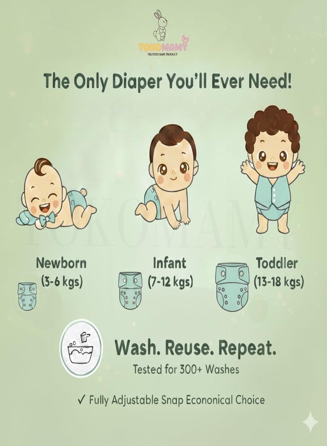 TOKOMAMY Reusable Cloth Diaper for Newborn Babies 0-3 Years (5-18kg) | Leakproof Washable Adjustable Pocket Cover Liner with 5-Layer Insert Pad | Rash-Free, (Pack of 1 Diaper + 1 Insert Pad) Free Size - Image 5