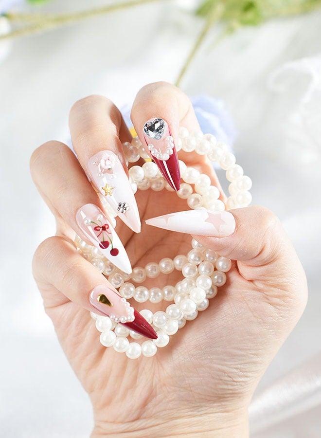 24 Pieces Press-On Nail Art Patches, With Nail Tool Kit, Burgundy Gradient Heavy Wear Nails, Pointed Long Nail Patches, Temperament Models Daily Versatility, Convenient Patches, Health And Safety - Image 3