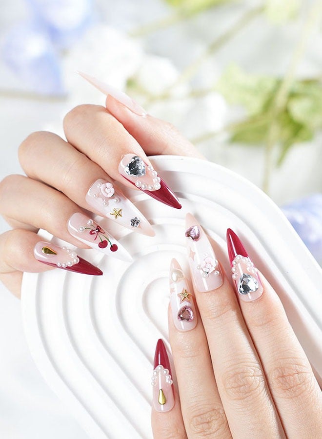 24 Pieces Press-On Nail Art Patches, With Nail Tool Kit, Burgundy Gradient Heavy Wear Nails, Pointed Long Nail Patches, Temperament Models Daily Versatility, Convenient Patches, Health And Safety - Image 1