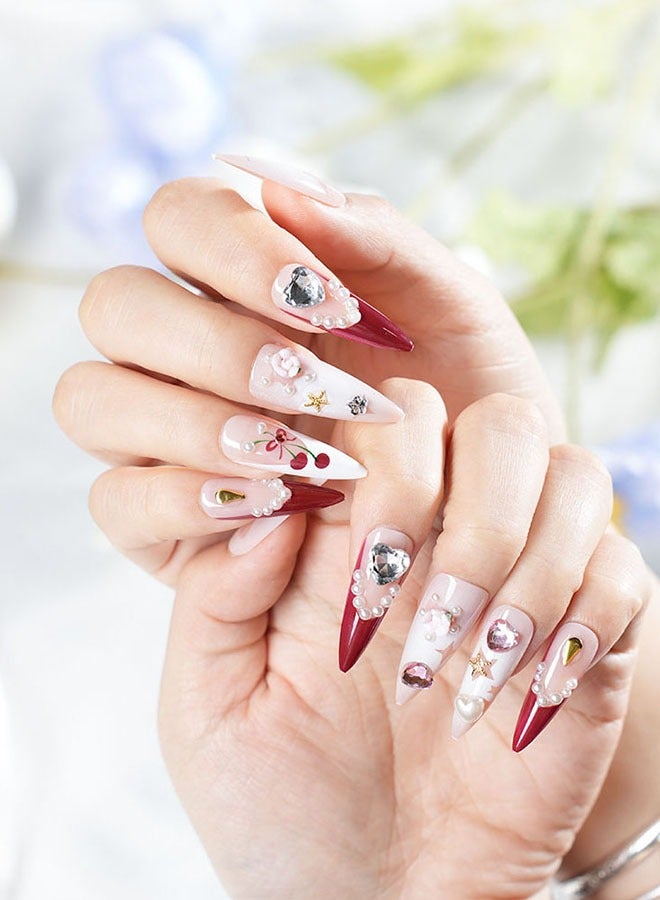 24 Pieces Press-On Nail Art Patches, With Nail Tool Kit, Burgundy Gradient Heavy Wear Nails, Pointed Long Nail Patches, Temperament Models Daily Versatility, Convenient Patches, Health And Safety - Image 2