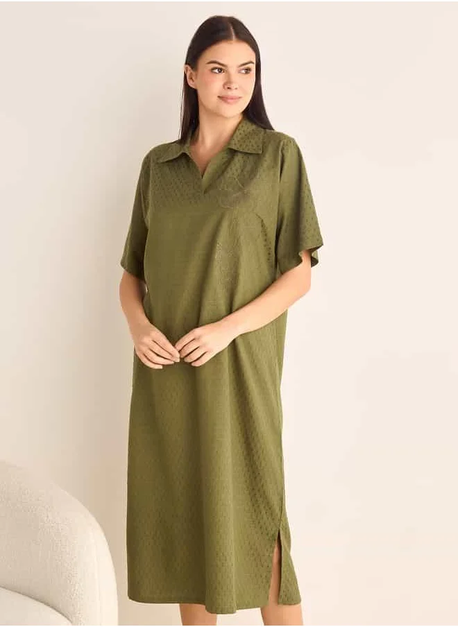 FAV Floral Embroidered Dobby Sleepshirt with Collar and Short Sleeves