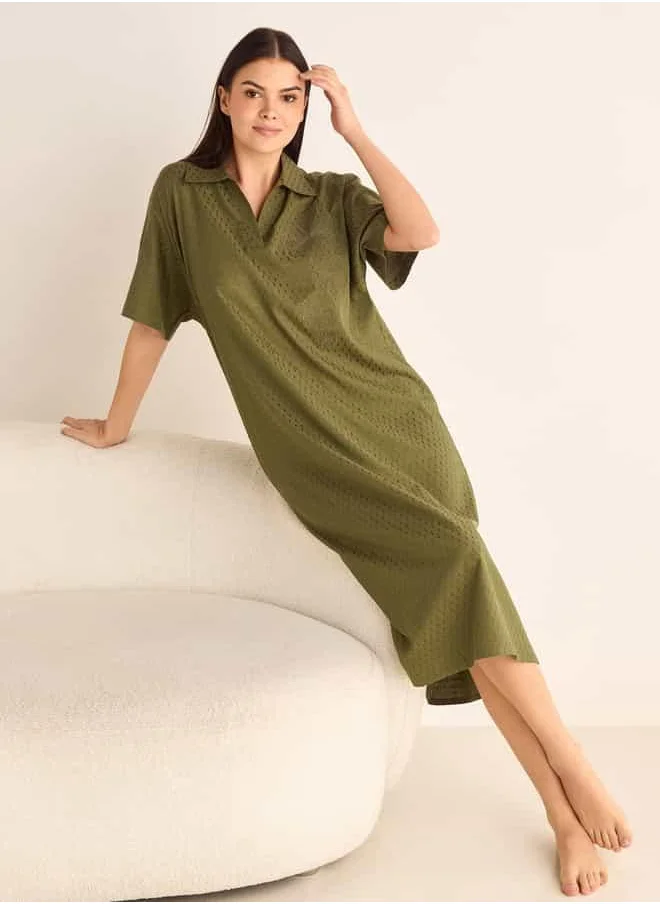 FAV Floral Embroidered Dobby Sleepshirt with Collar and Short Sleeves