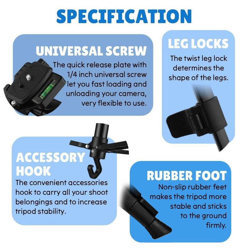 Conbre F-3366 Professional 55.5Inch (141CM) Tripod for DSLR, Camera | Height: 4.6 Feet | Max Load: 4kg | Portable Lightweight ABS+Metal Tripod | 360° Ball Head | Carry Bag (Black) - Image 2