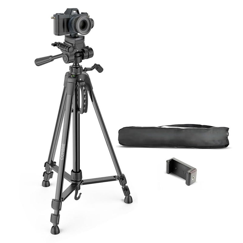 Conbre F-3366 Professional 55.5Inch (141CM) Tripod for DSLR, Camera | Height: 4.6 Feet | Max Load: 4kg | Portable Lightweight ABS+Metal Tripod | 360° Ball Head | Carry Bag (Black) - Image 1