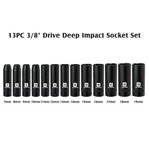 MIXPOWER 13 Pieces 3/8-Inch Drive Deep Impact Socket Set, 7mm to 19mm, CR-V, Metric, 6 Point, Deep, 13 Pieces 3/8" Dr. Socket - Image 3