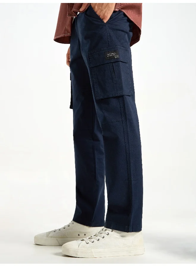 Beyoung Dark Space Blue Solid Cargo Pants for Men