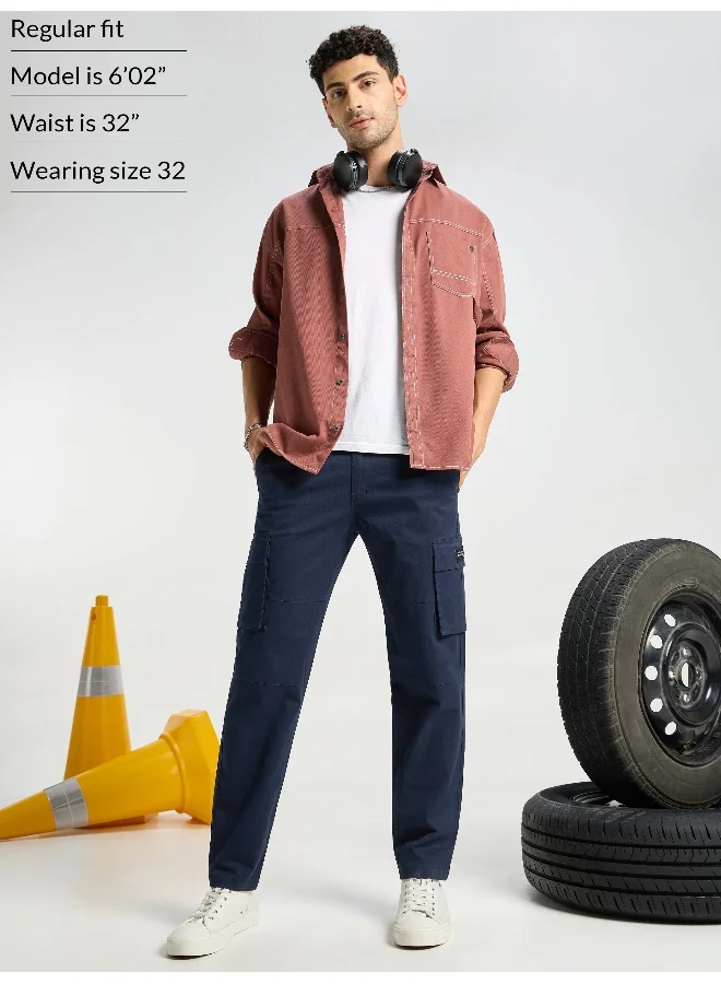 Beyoung Dark Space Blue Solid Cargo Pants for Men