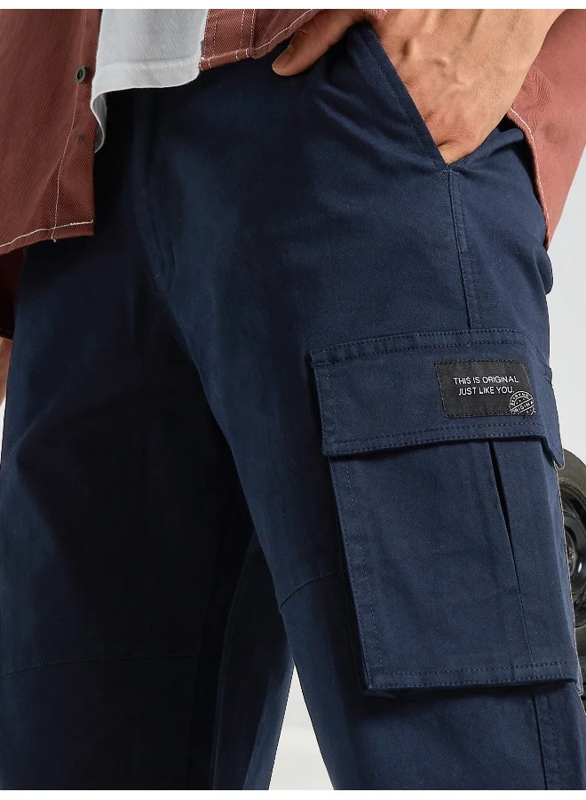 Beyoung Dark Space Blue Solid Cargo Pants for Men