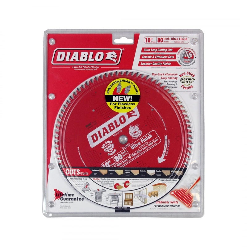 Diablo Ultra Finish Saw Blade for Wood - 10" Diameter, 80 Hi-ATB Teeth, 5/8" Arbor, .098" Kerf, 15� Hook Angle, .071" Plate, 6000 Max RPM - D1080X - Image 2