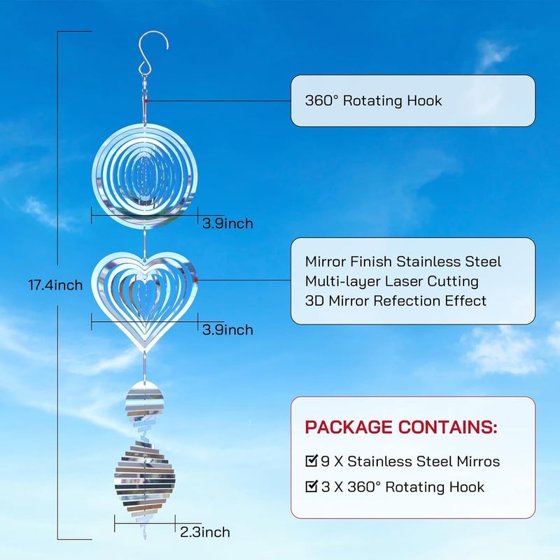 Factee Bird Deterrents for Outside, Reflective 3D Stainless Steel Wind Spinners, Garden Decor, Bird Scare Devices to Keep Woodpeckers, Pigeons Away from Your House, Patio, Orchards - Image 5