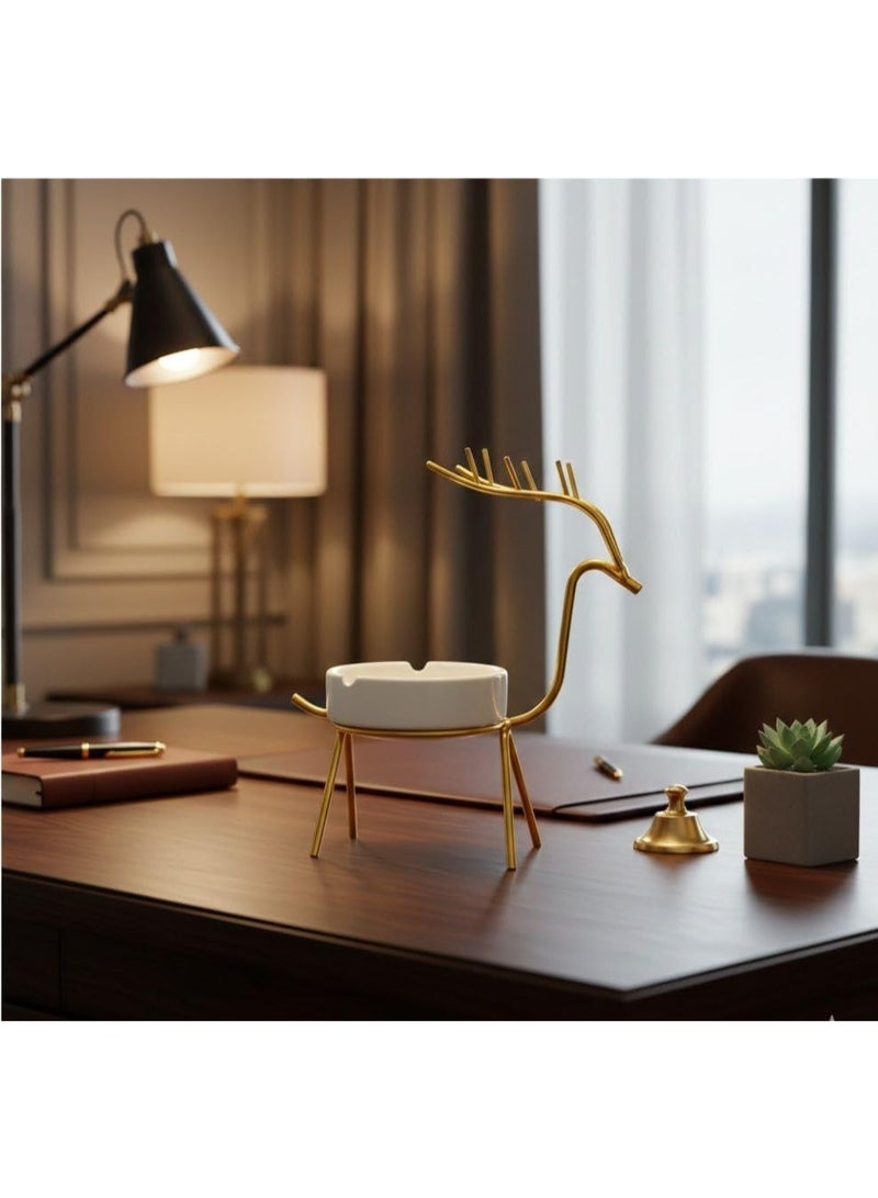 "Desktop Deer Ashtray - Elegant Design in Gold Metal and White Ceramic" - Image 4