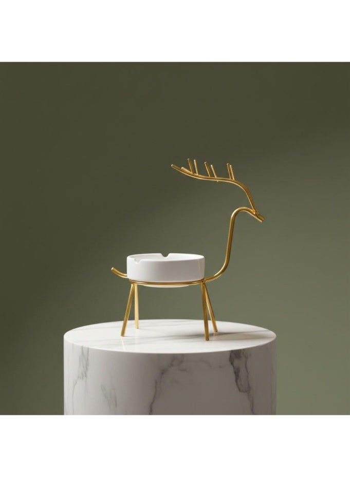 "Desktop Deer Ashtray - Elegant Design in Gold Metal and White Ceramic" - Image 3
