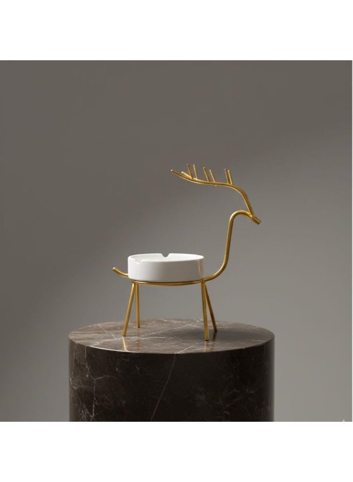"Desktop Deer Ashtray - Elegant Design in Gold Metal and White Ceramic" - Image 2