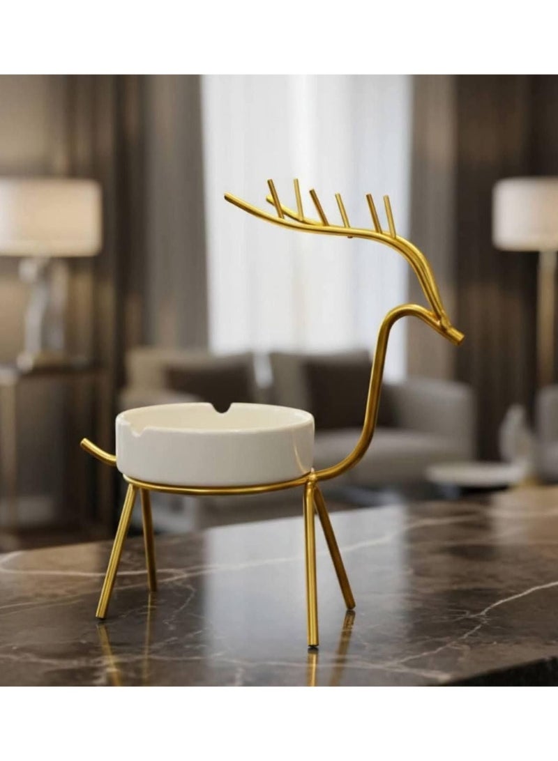 "Desktop Deer Ashtray - Elegant Design in Gold Metal and White Ceramic" - Image 5