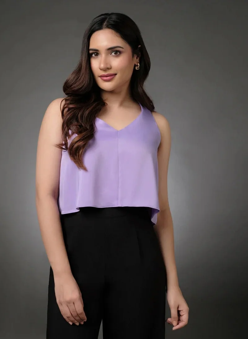 Zigzag Silk Satin Vneck Sleeveless Lavender Top