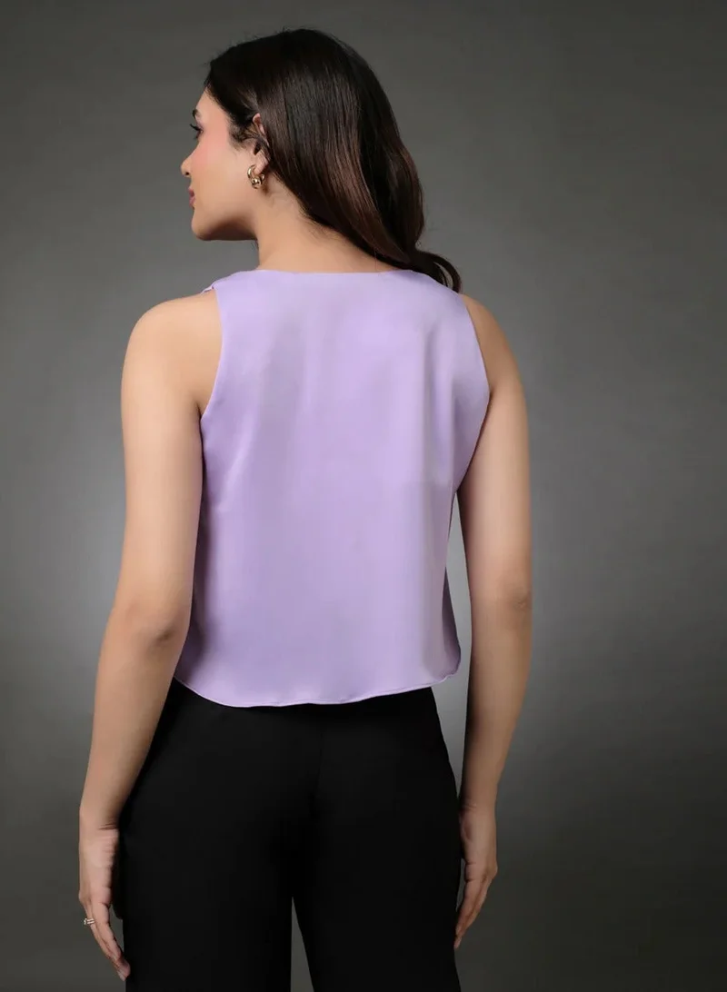 Zigzag Silk Satin Vneck Sleeveless Lavender Top