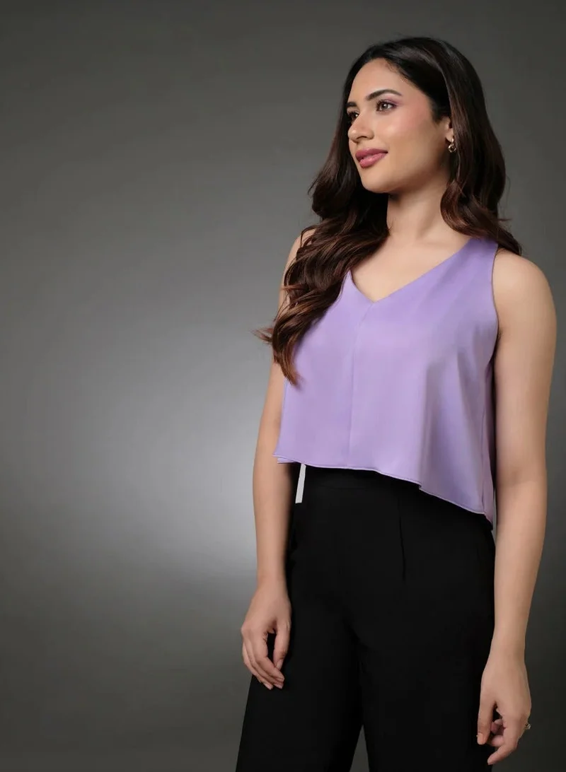 Zigzag Silk Satin Vneck Sleeveless Lavender Top