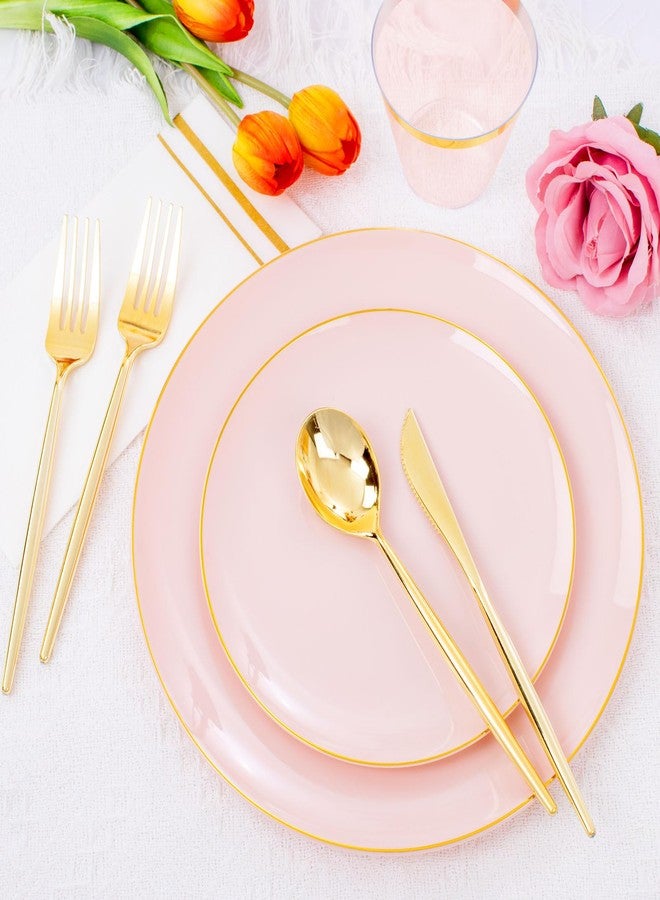 LUODA MirthMood 210PCS Pink Plastic Plates with Gold Rim - Scalloped Plastic Plates Set Includes 30 Dinner,30 Dessert Plate,30 Cup&30 Napkins 90 Gold Silverware for Wedding Birthday Parties & Baby Shower - Image 3