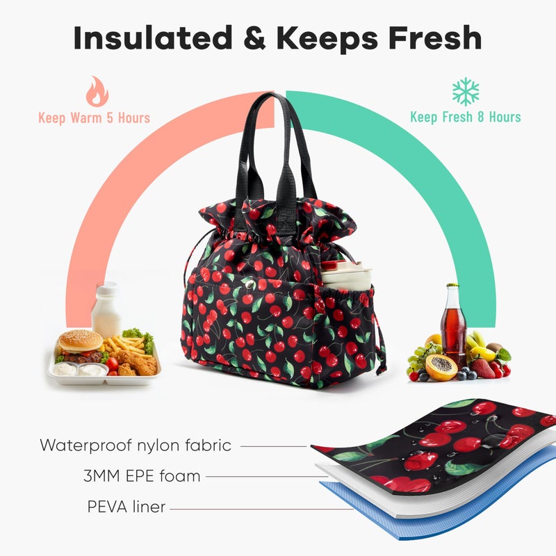 Yarnic Lunch Bag Women Insulated Lunch Bags,Cute Reusable Lunch Box Stain-Resistant Lunchbox with Water Bottle Holder for Adult (Black Cherry) - Image 3