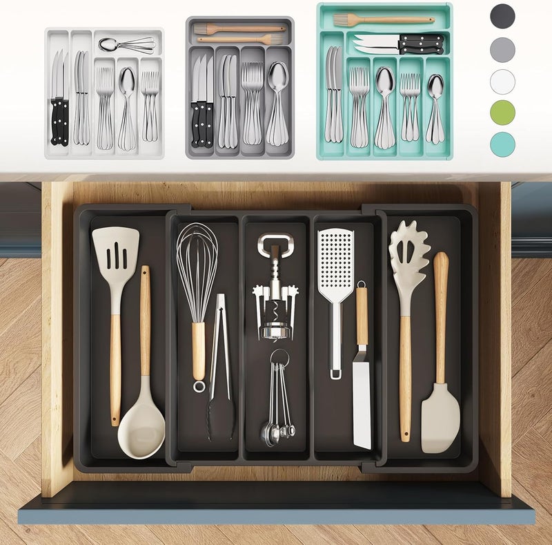 Lifewit Modern Black Expandable Cutlery Organizer, 5-Compartment Utensil Drawer Organizer, Adjustable for Drawer Sizes 13-22.4 Inches, Plastic, Large, Black - Image 3