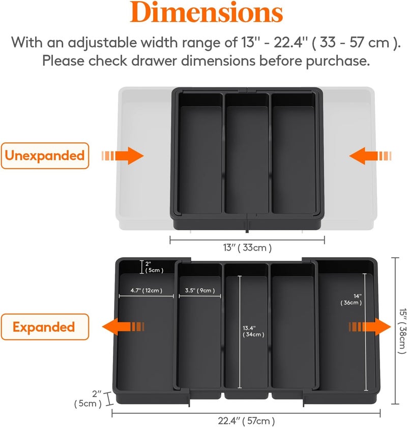Lifewit Modern Black Expandable Cutlery Organizer, 5-Compartment Utensil Drawer Organizer, Adjustable for Drawer Sizes 13-22.4 Inches, Plastic, Large, Black - Image 2