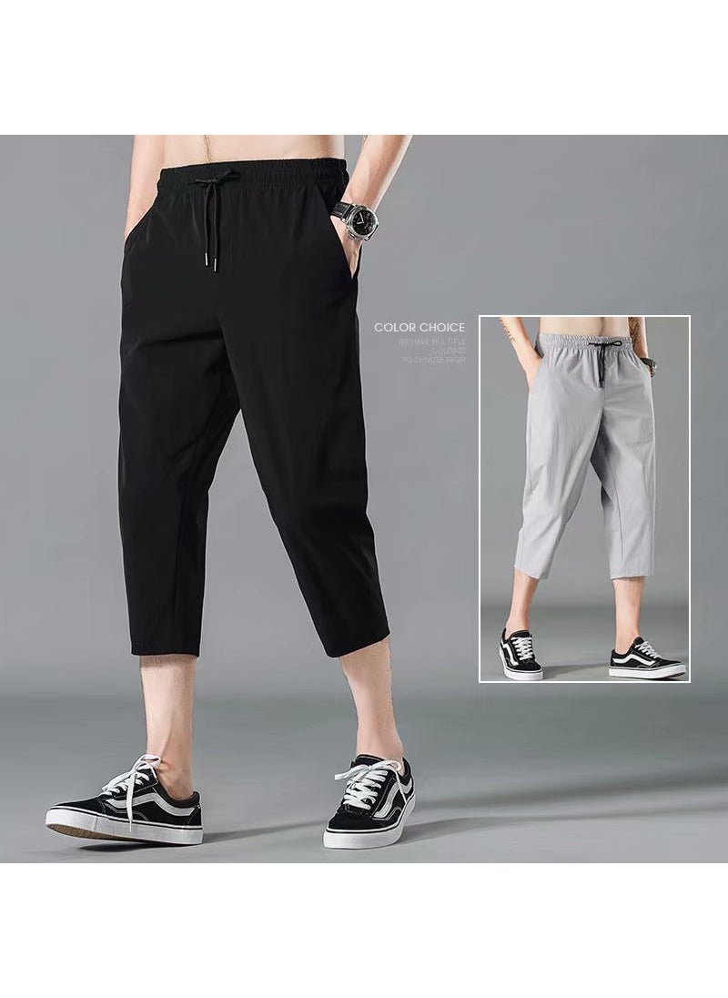 Generic - Summer 2024 Mens Ice Silk Capri Pants Casual Loose Fit Dark gray - Image 1
