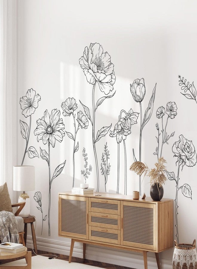 Supzone Large Black Boho Flower Wall Decals, 3 Sheets Simple Sketch Floral Wall Stickers Peony Wildflower Peel Stick Wall Art Decor Bedroom Home Room Office Garden Hall Adult Gifts for Mom(11.8x35.4 in/Sheet) - Image 2