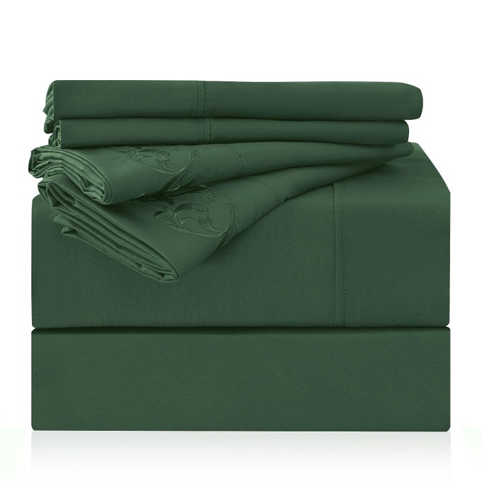 KING SIZE SHEET SET 6 PIECE HOTEL LUXURY WRINKLEFREE MICROFIBER SHEET OEKOTEX CERTIFIED BREATHABLE ELASTIC 16 DEEP POCKETS FOREST GREEN