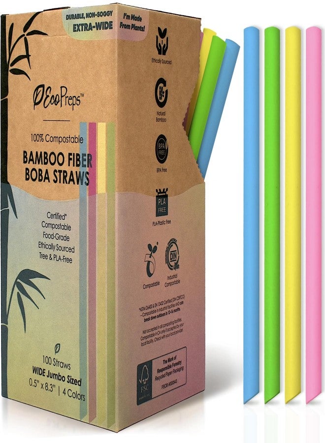 EcoPreps Colorful Biodegradable Jumbo Smoothie Straws, Bamboo Fiber Boba Straws - 100 PCS, Extra Wide, 100% Compostable, Plastic-Free, Eco-Friendly Thick Straw - 8.25" Long Disposable Bamboo Straw Set - Image 1