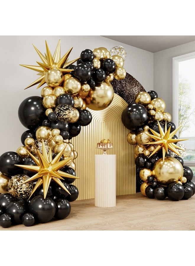 RUBFAC 140pcs Black and Gold Balloons, Black Metallic Gold Confetti Star Latex Balloons 5 10 12 18 Inch for 2025 Graduation Class Decorations Birthday Retirement Wedding Anniversary Party Decorations - Image 1