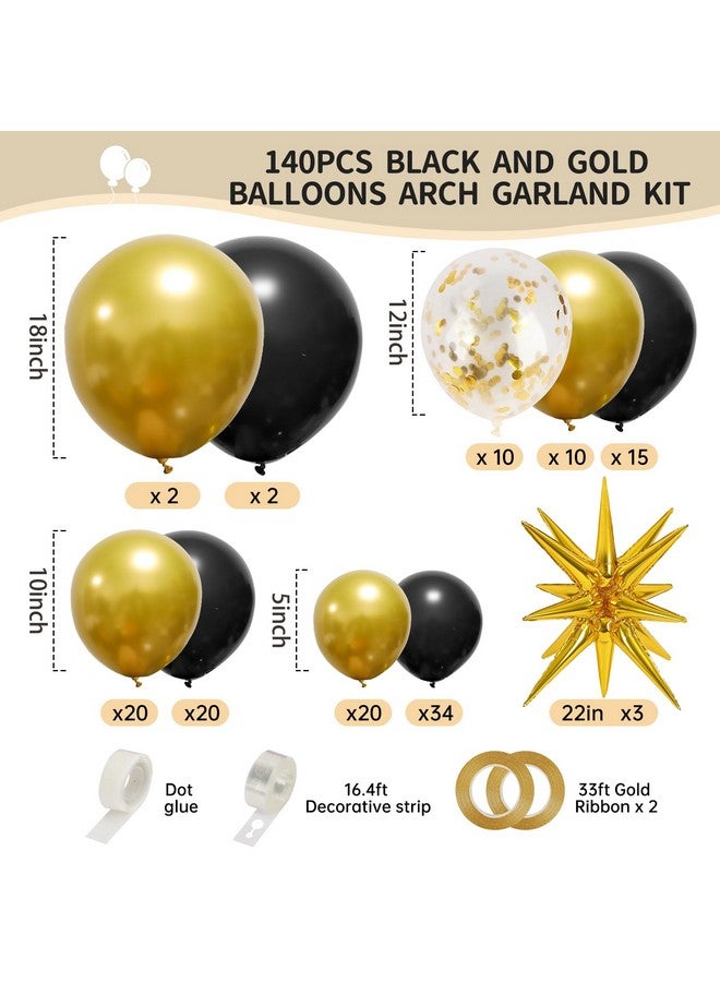 RUBFAC 140pcs Black and Gold Balloons, Black Metallic Gold Confetti Star Latex Balloons 5 10 12 18 Inch for 2025 Graduation Class Decorations Birthday Retirement Wedding Anniversary Party Decorations - Image 2