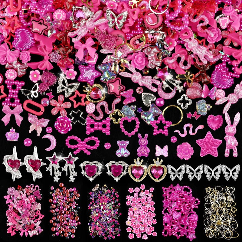 editTime 650pcs Mixed 3D Nail Charms Kit, 12pcs Luxury Metal Nail Rhinestones and 250pcs Resin Butterfly Flower Star Heart Bow Charms with 400pcs Flatback Pearls Rhinestone Metal Gems Charms (Hot Pink) - Image 1