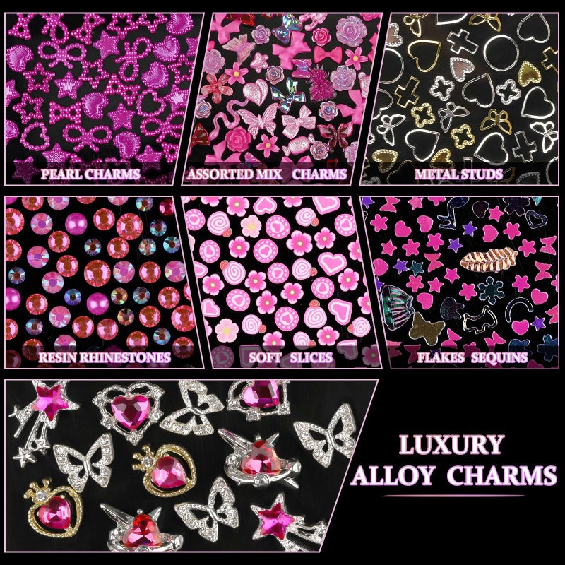 editTime 650pcs Mixed 3D Nail Charms Kit, 12pcs Luxury Metal Nail Rhinestones and 250pcs Resin Butterfly Flower Star Heart Bow Charms with 400pcs Flatback Pearls Rhinestone Metal Gems Charms (Hot Pink) - Image 4