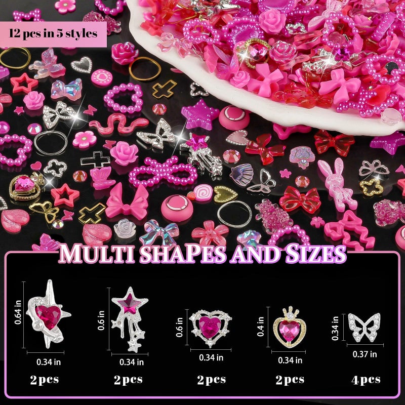 editTime 650pcs Mixed 3D Nail Charms Kit, 12pcs Luxury Metal Nail Rhinestones and 250pcs Resin Butterfly Flower Star Heart Bow Charms with 400pcs Flatback Pearls Rhinestone Metal Gems Charms (Hot Pink) - Image 3