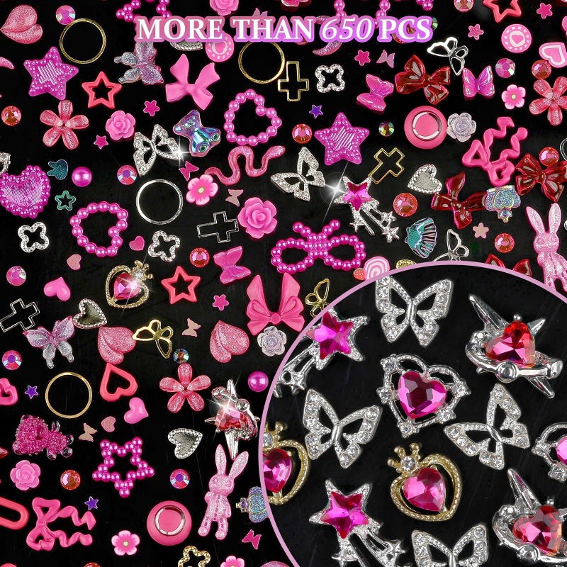 editTime 650pcs Mixed 3D Nail Charms Kit, 12pcs Luxury Metal Nail Rhinestones and 250pcs Resin Butterfly Flower Star Heart Bow Charms with 400pcs Flatback Pearls Rhinestone Metal Gems Charms (Hot Pink) - Image 5