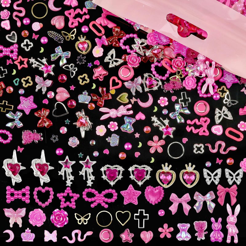 editTime 650pcs Mixed 3D Nail Charms Kit, 12pcs Luxury Metal Nail Rhinestones and 250pcs Resin Butterfly Flower Star Heart Bow Charms with 400pcs Flatback Pearls Rhinestone Metal Gems Charms (Hot Pink) - Image 2