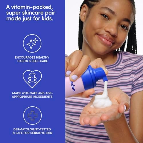 Evereden روتين إيفريدن للأطفال السعداء للبشرة والشفتين - غسول وجه متعدد الفيتامينات وكريم وجه بنكهة الخوخ وزيت شفاه ملون بلون ساكورا الوردي - عناية بالبشرة نظيفة ونباتية للأطفال 3+ - مرطب، مغذي، وواقٍ - Image 4