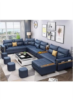 KARNAK Karnak Zara Modern Couch U Shaped PU Leather Living Room Furniture Chaise Lounge Sectional L Shape Corner Sofa Set BLUE 7 Seaters 389x231x86cm  - Image 1