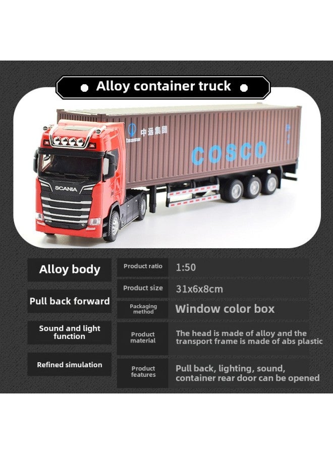 Simulation Tractor Semi-trailer Double-deck Transporter Alloy Container Truck Car Model With Sound And Light Children's Toys-Colour:Red Scania Tractor + Brown Container Truck  - Image 1