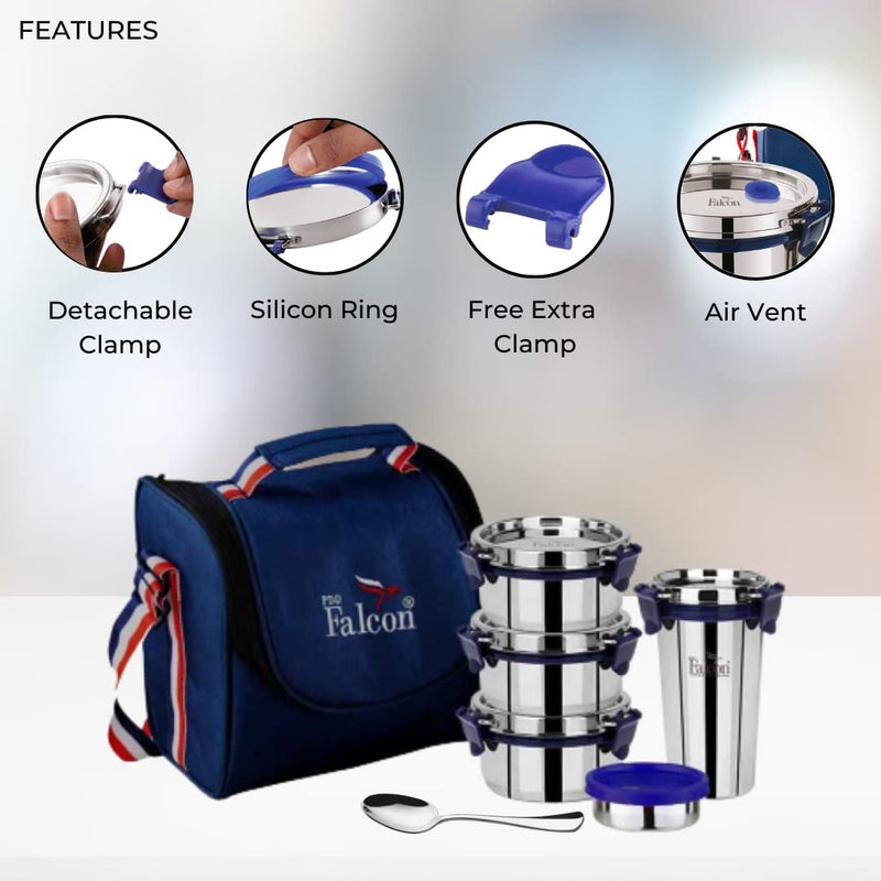 PDDFALCON Stainless Steel EcoNxt Lunch Box Set of 5 Executive with Insulated Bag Blue 1430ml - Image 5