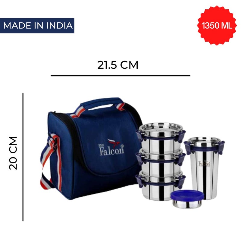 PDDFALCON Stainless Steel EcoNxt Lunch Box Set of 5 Executive with Insulated Bag Blue 1430ml - Image 3