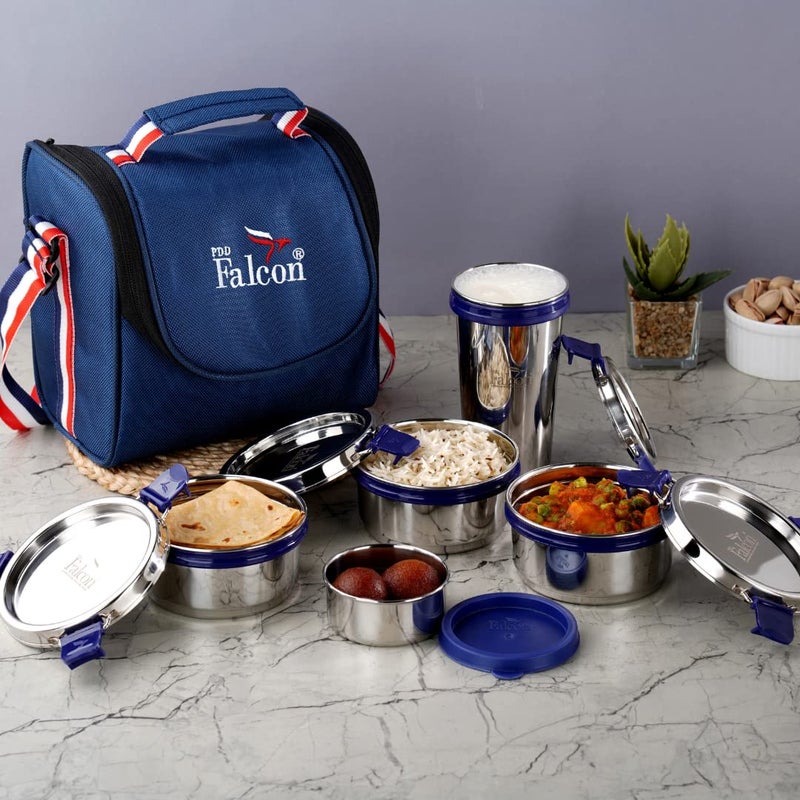 PDDFALCON Stainless Steel EcoNxt Lunch Box Set of 5 Executive with Insulated Bag Blue 1430ml - Image 1