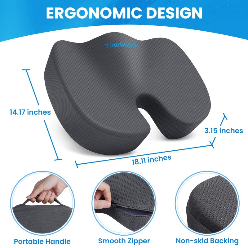 TushGuard Seat Cushion, Office Chair Cushions, Car Seat Cushion, Non-Slip Relief Chair Pad, Memory Foam Butt Pillow for Computer Desk, Office Chair, Grey - Image 2