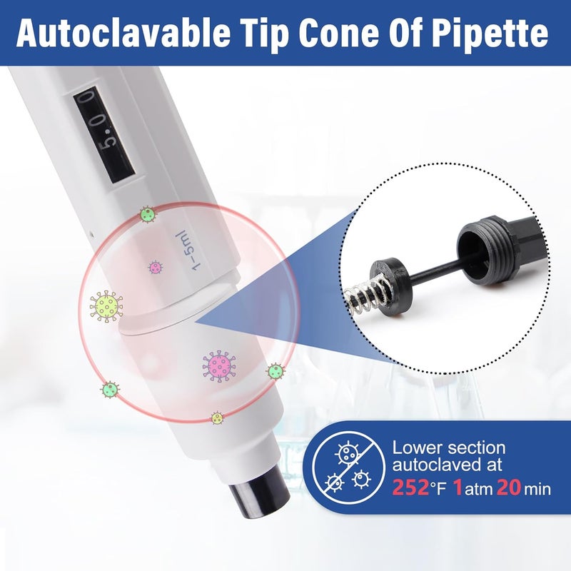 PRECIPETTE 5 mL Adjustable Volume Pipette, 1-5 mL Lab Single Channel Micro Pipettor, Manual Liquid Micropipette for Laboratory Scientific School Home - Image 4