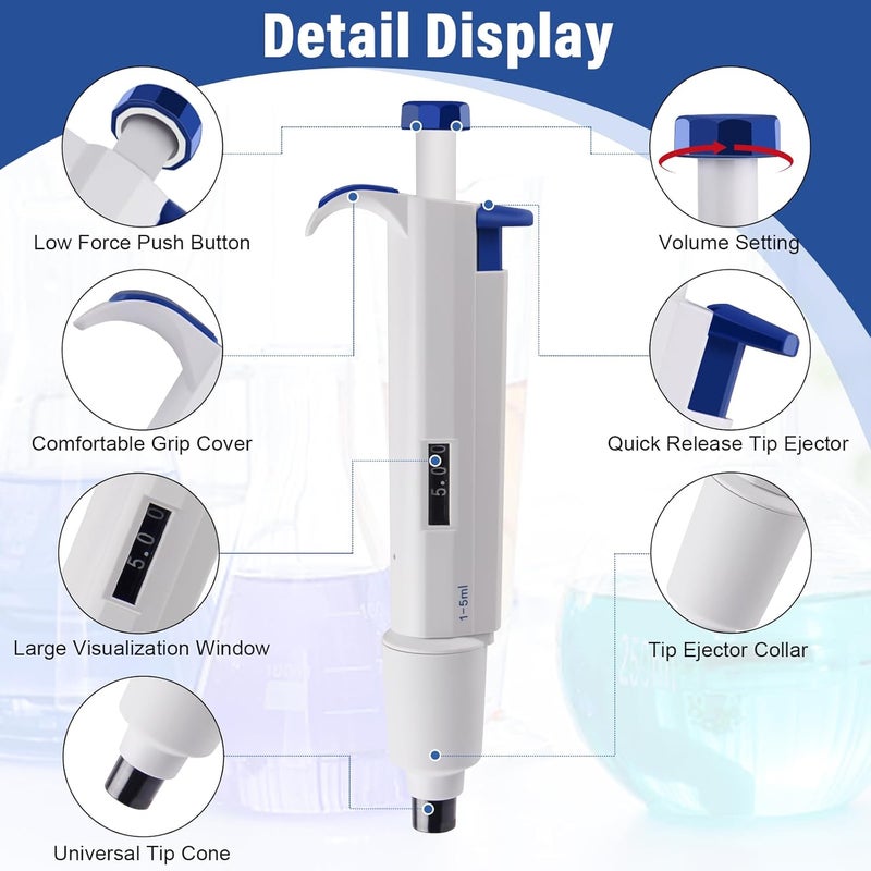 PRECIPETTE 5 mL Adjustable Volume Pipette, 1-5 mL Lab Single Channel Micro Pipettor, Manual Liquid Micropipette for Laboratory Scientific School Home - Image 2